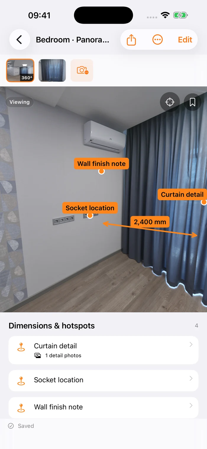 Actual English Panorama Measure panorama view showing dimension annotations and hotspots